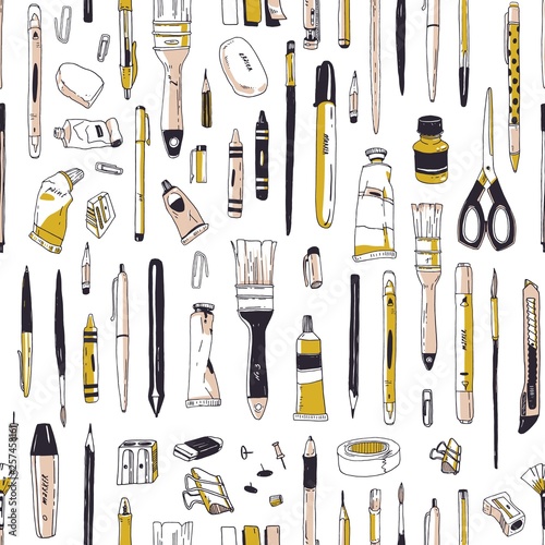 Realistic seamless pattern with stationery, writing utensils, drawing tools or art supplies hand drawn on white background. Vector illustration in vintage style for wrapping paper, fabric print.