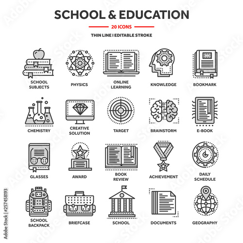 School education, university. Study, learning process. Oline lessons, tutorial. Student knowledge. History book.Thin line web icon set. Outline icons collection.Vector illustration.