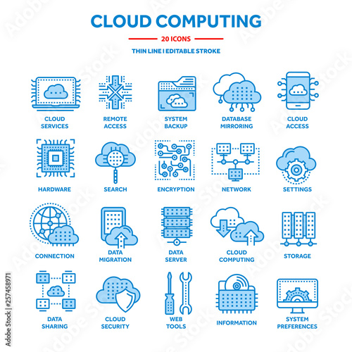 Cloud computing. Internet technology. Online services. Data, information security. Connection. Thin line blue web icon set. Outline icons collection.Vector illustration.
