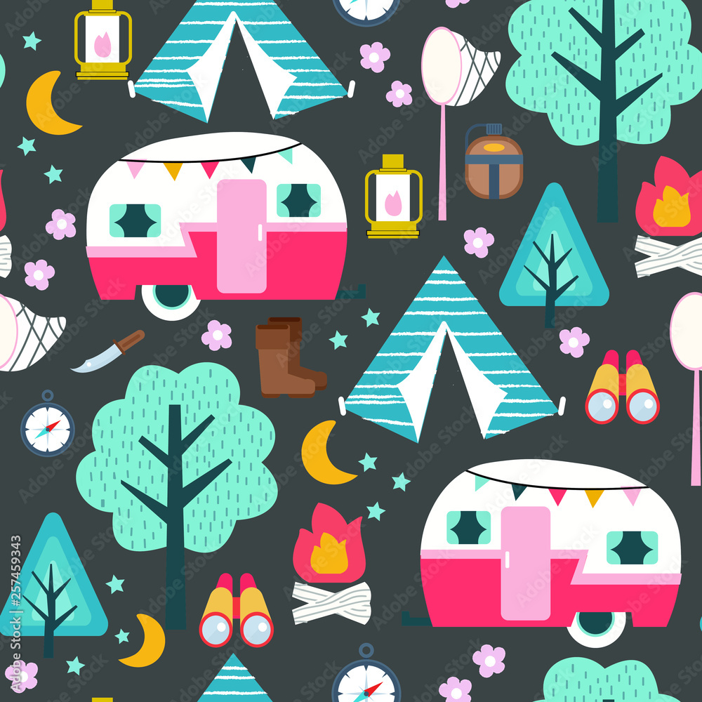 Obraz premium Scout camp vector illustration seamless background 