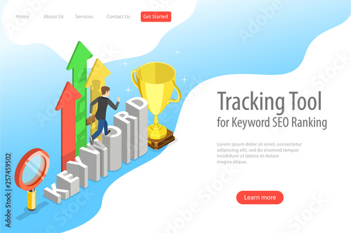 Flat isometric vector landing page template of tracking tool for keyword SEO ranking, web analytics, website optimization marketing.