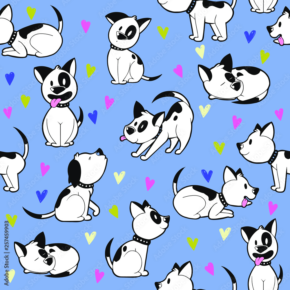 Obraz premium Cute dogs and hearts seamless background