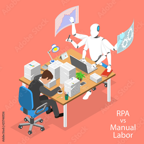 Isometric flat vector concept of RPA vs manual labor, robotic process automatisation, RPA, AI, artificial intelligence, machine learning. photo