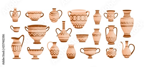Bundle of ancient greek pottery isolated on white background. Collection of clay pots, vases and amphoras decorated by Hellenic ornaments. Set of archaeological artefacts. Flat vector illustration.