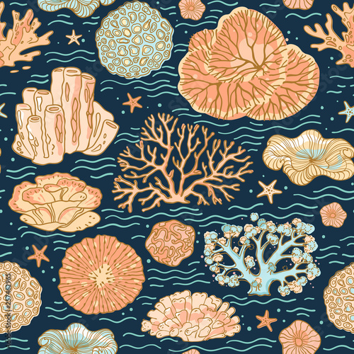 Colorful background for the design and decoration of fabrics, wallpapers, home textiles, packaging, and surfaces. Seamless vector pattern on the marine theme with beautiful corals.