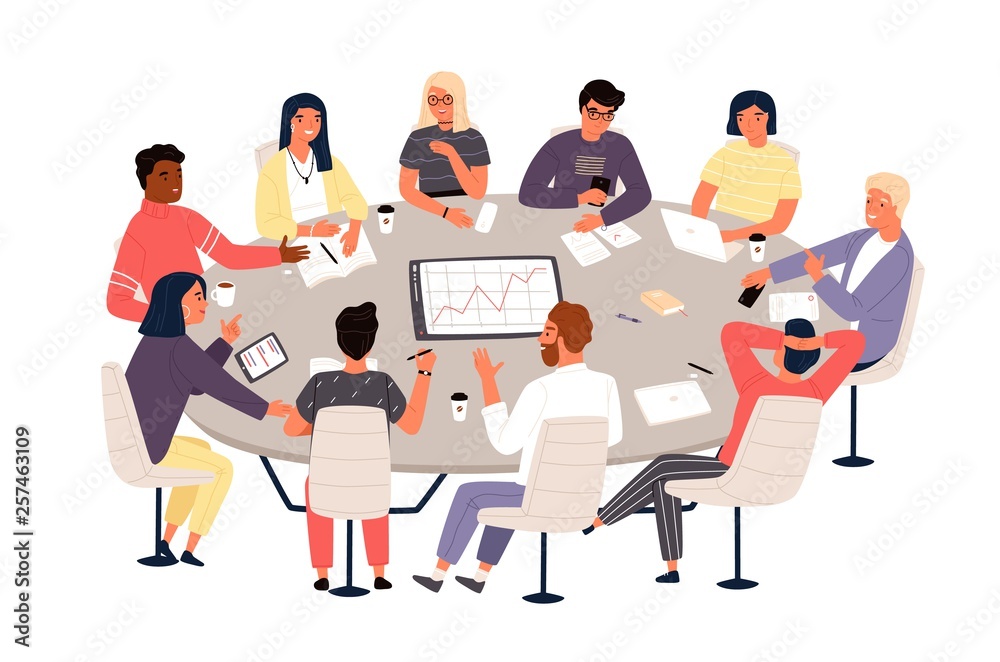 Auroch acidity Prevention Clerks or colleagues sitting at round table and discussing ideas or  brainstorming. Business meeting, formal negotiation, conference, group  discussion. Vector illustration in flat cartoon style. Stock Vector | Adobe  Stock