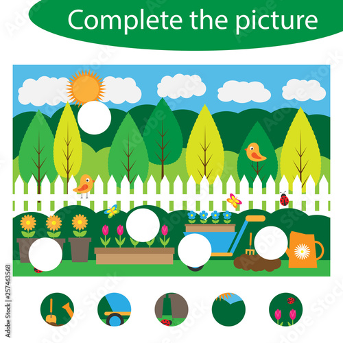 Complete the puzzle and find the missing parts of the picture, garden fun education game for children, preschool worksheet activity for kids, task for the development of logical thinking, vector