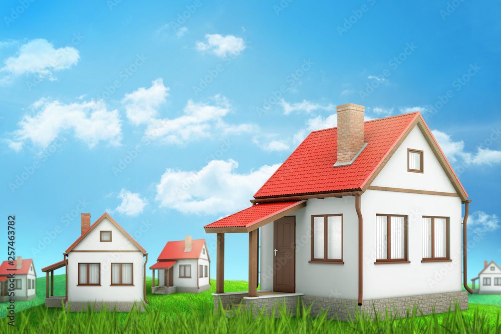 3d rendering of white houses on green grass, blue sky and white clouds background 3d rendering of white houses on green grass, blue sky and white clouds background