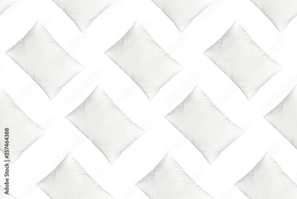 Seamless pattern Soft white quilted pillow isolated on white background top view. Clean pillow, interior item, bedding mockup design template Seamless pattern Soft white quilted pillow isolated on white background top view. Clean pillow, interior item, bedding mockup design template