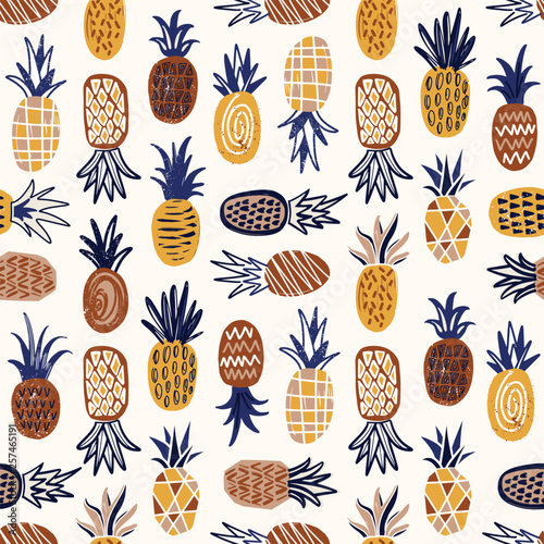 Modern seamless pattern with pineapples of various texture on white background