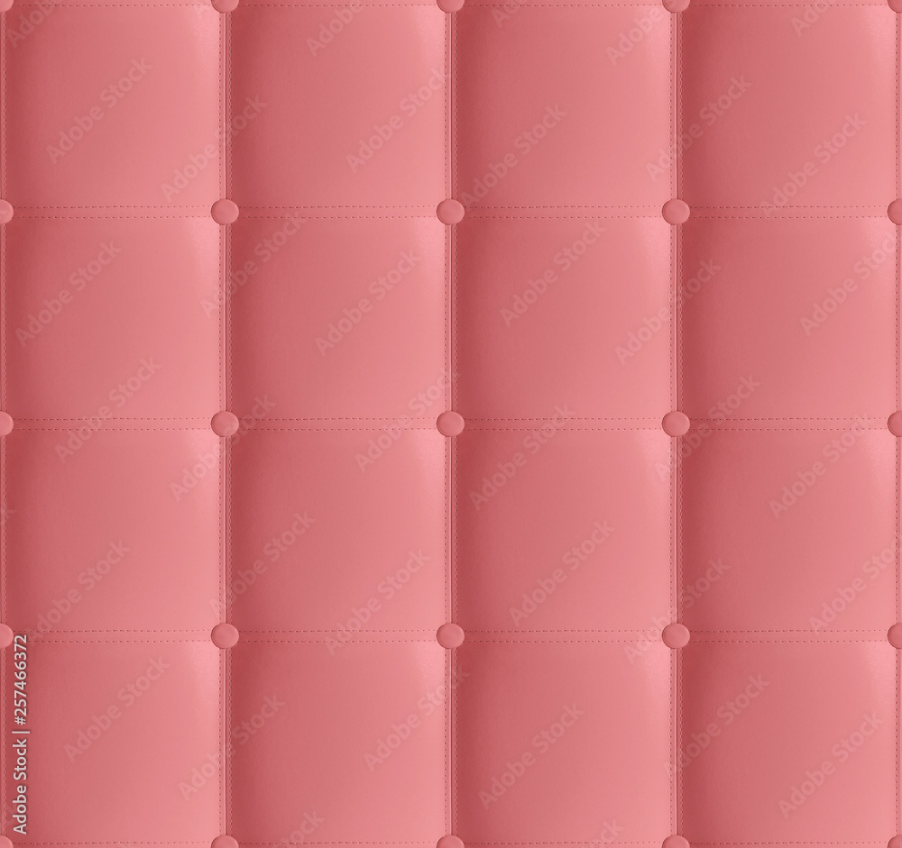 Coral Leather Quilted Headboard Seamless Pattern, Luxury soft leather background. White headboard, bed. Background texture of upholstered leather furniture, square line and buttons