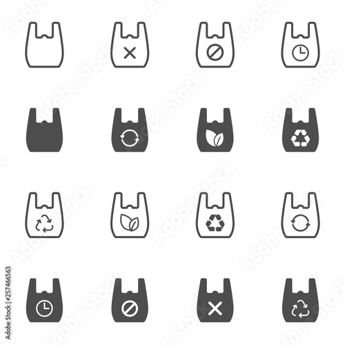 stop using plastic bag outline and silhouette vector icons isolated on white background. say no to plastic bag. recycling, plastic ban, stop plastic pollution to save environment and ecology of earth