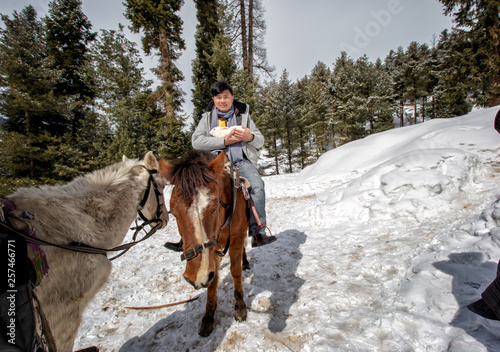 man riding horse in winter forest