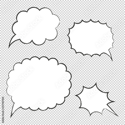 Set of hand drawn speech bubbles. Transparent background. Emotional chat boxes. Vector Illustration.