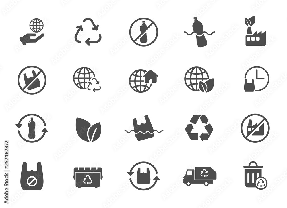 ecology and recycling icons set. stop using plastic bag silhouette vector icons isolated on white background. say no to plastic bag. stop plastic pollution to save environment and ecology of earth