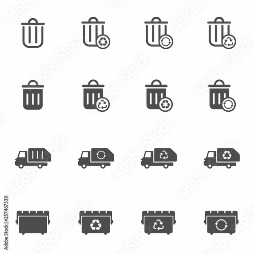 trash can, recycle bin and garbage truck vector icon set. garbage removal icons with recycle signs isolated on white background