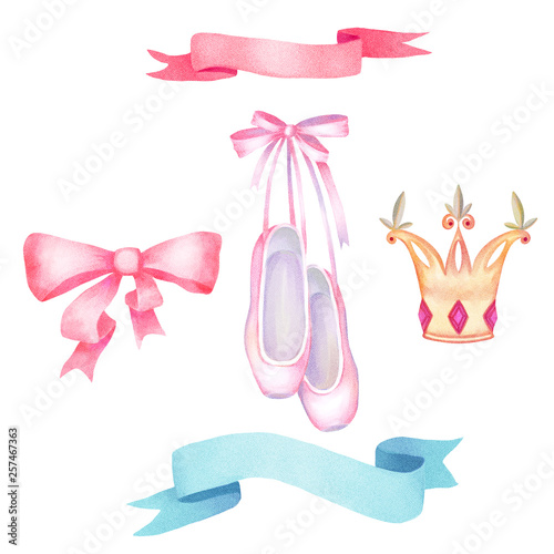 Watercolor ballet pointe shoes, ribbons, crown, bow. Isolated on white background design elements set