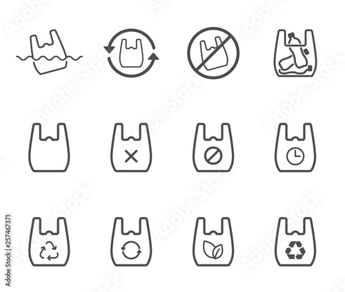 say no to plastic bag. stop using plastic bag outline vector icons isolated on white background. plastic recycling, plastic ban and stop plastic pollution to save environment and ecology of earth