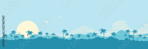 Tropical island paradise background with palms silhouette and sun