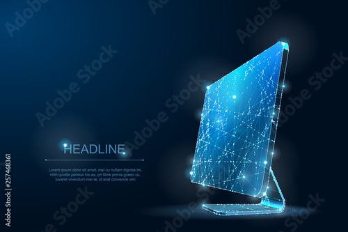 Polygonal Low poly desktop monitor. IT Symbol of digital and Internet. Lines and Dots