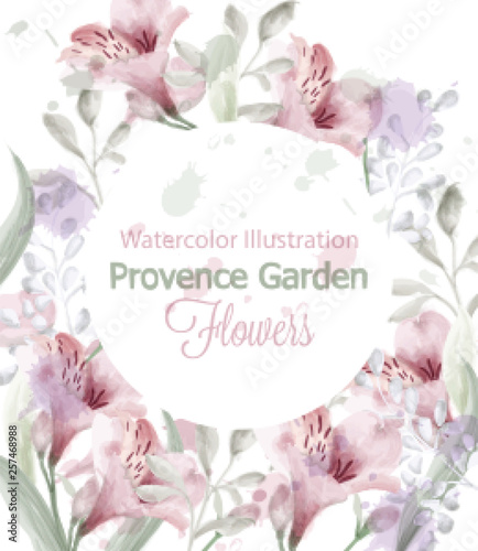 Provence flowers wreath Vector watercolor. Lavender delicate pastelate colors