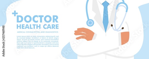 Medical background with doctor close up character with stethoscope. Web banner with medical staff. Health care and medicine concept.