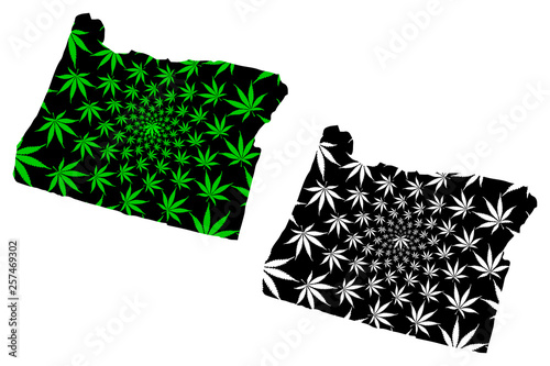 Oregon (United States of America, USA, U.S., US) -  map is designed cannabis leaf green and black, State of Oregon map made of marijuana (marihuana,THC) foliage,