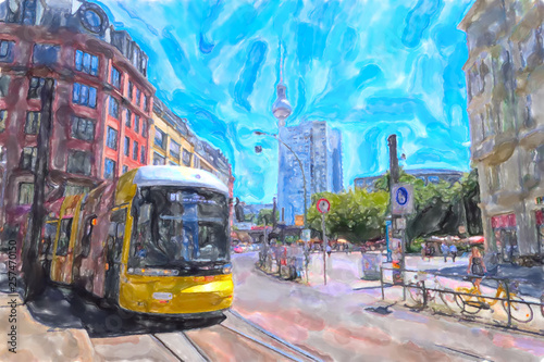 Photography Watercolor illustration of cable car tram.