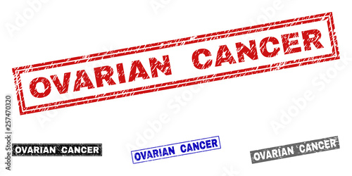 Grunge OVARIAN CANCER rectangle stamp seals isolated on a white background. Rectangular seals with grunge texture in red, blue, black and gray colors.