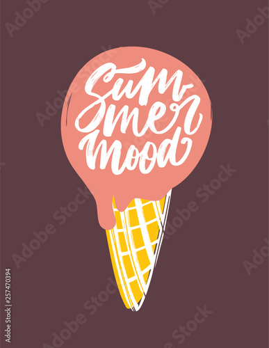Summer Mood phrase handwritten with elegant cursive calligraphic font on ice cream cone