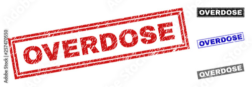 Grunge OVERDOSE rectangle stamp seals isolated on a white background. Rectangular seals with grunge texture in red, blue, black and gray colors.