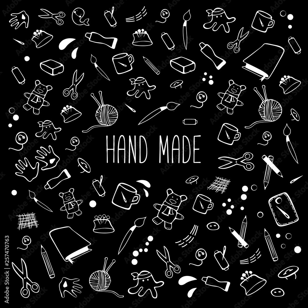 Vector cartoon set of sewing tools and materials. Handmade equipment pattern. Handmade design elements.