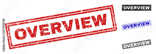 Grunge OVERVIEW rectangle stamp seals isolated on a white background. Rectangular seals with grunge texture in red, blue, black and grey colors.