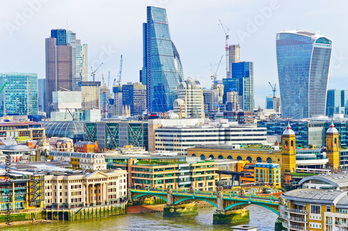 View of the city center with the lots of modern skyscrapers in London.
