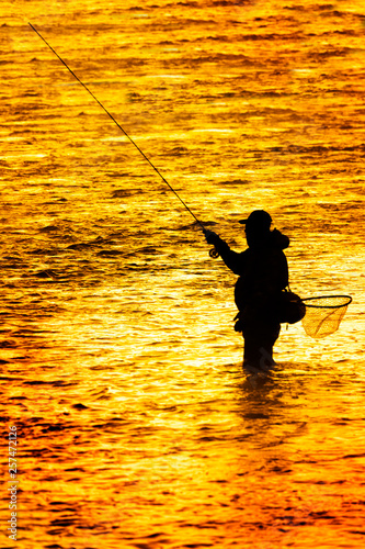 Silhouette of Man Flyfishing Fishing in River Golden Sunlight surrounding him early morning fisherman