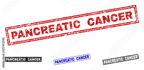 Grunge PANCREATIC CANCER rectangle stamp seals isolated on a white background. Rectangular seals with grunge texture in red, blue, black and gray colors.