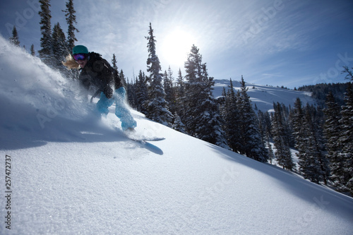 Female snowboarder rips untracked powder in Beaver Creek, Colorado. photo