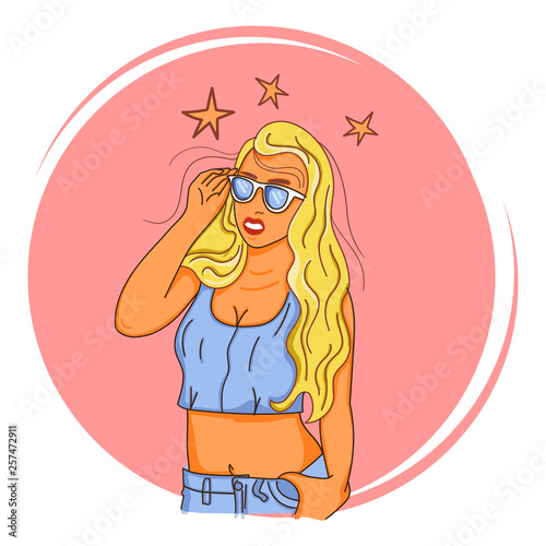 Gold haired girl in glasses standing straight