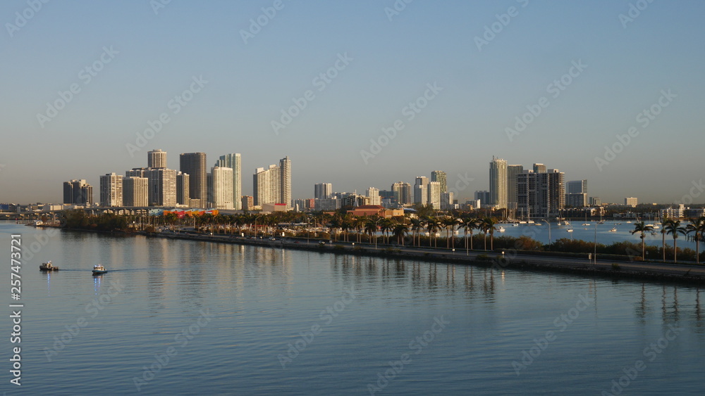 Miami Beach with view of port harbor and downtown