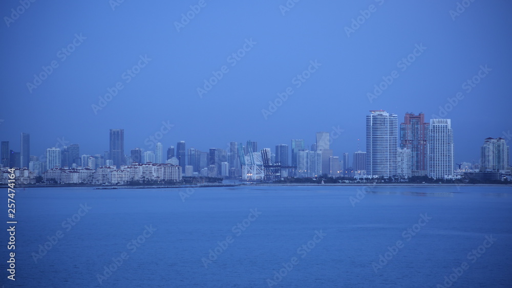 view of Miami from the water in the early morning