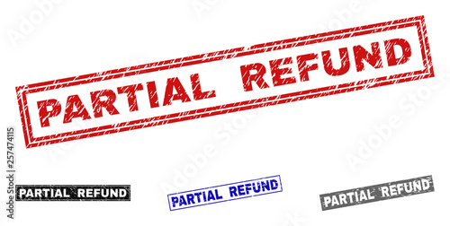 Grunge PARTIAL REFUND rectangle stamp seals isolated on a white background. Rectangular seals with distress texture in red, blue, black and grey colors.