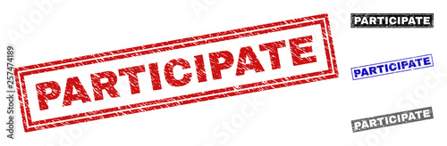 Grunge PARTICIPATE rectangle stamp seals isolated on a white background. Rectangular seals with grunge texture in red, blue, black and grey colors.