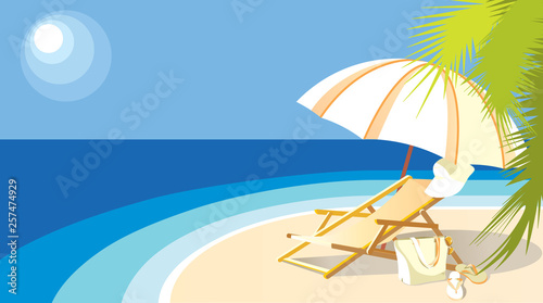 Landscape with the sea, sun lounger and palm tree.