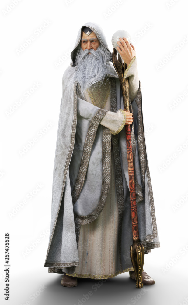 Portrait of a hooded grey cloaked wizard holding his magical staff on an isolated white background. 3d rendering