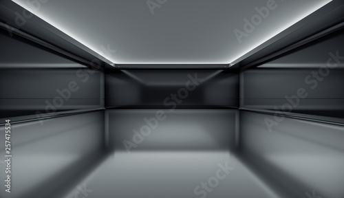 Contemporary futuristic concept background with black screen. Empty future clean dark box interior room With Light. 3D Rendering.