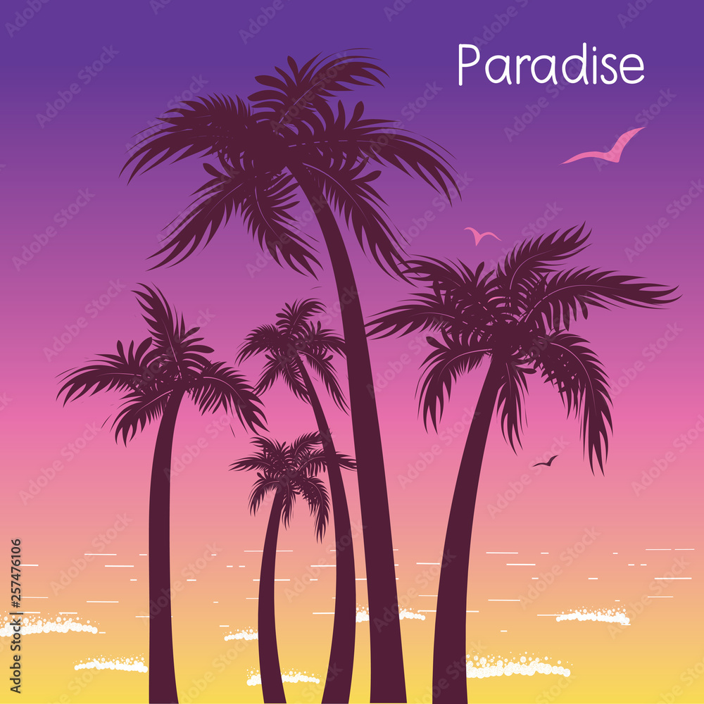 Tropical island paradise with palms silhouette in summer hot evening