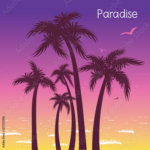Tropical island paradise with palms silhouette in summer hot evening © GeraKTV