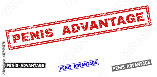 Grunge PENIS ADVANTAGE rectangle stamp seals isolated on a white background. Rectangular seals with grunge texture in red, blue, black and grey colors.