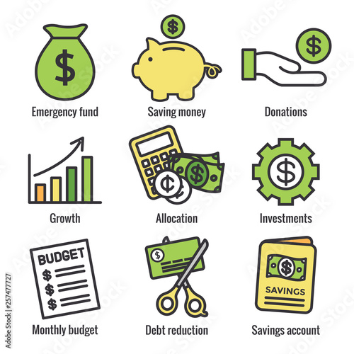 Personal Finance & Responsibility Icon Set with Money, Saving, & Banking options