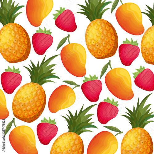 Fototapeta Naklejka Na Ścianę i Meble -  pattern of mangoes with strawberries and pineapples